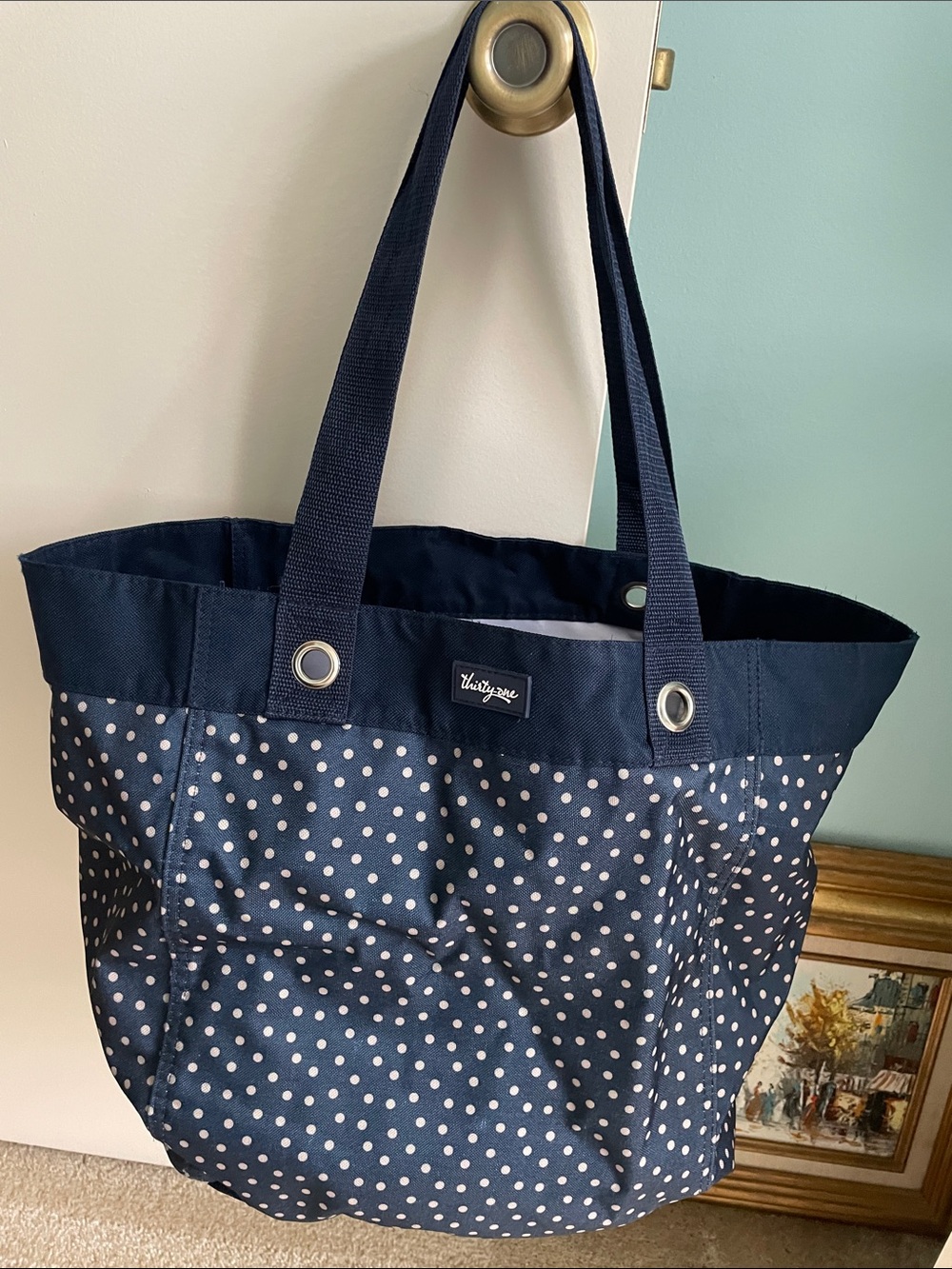 thirty-one Navy with White Polka Dot Tote